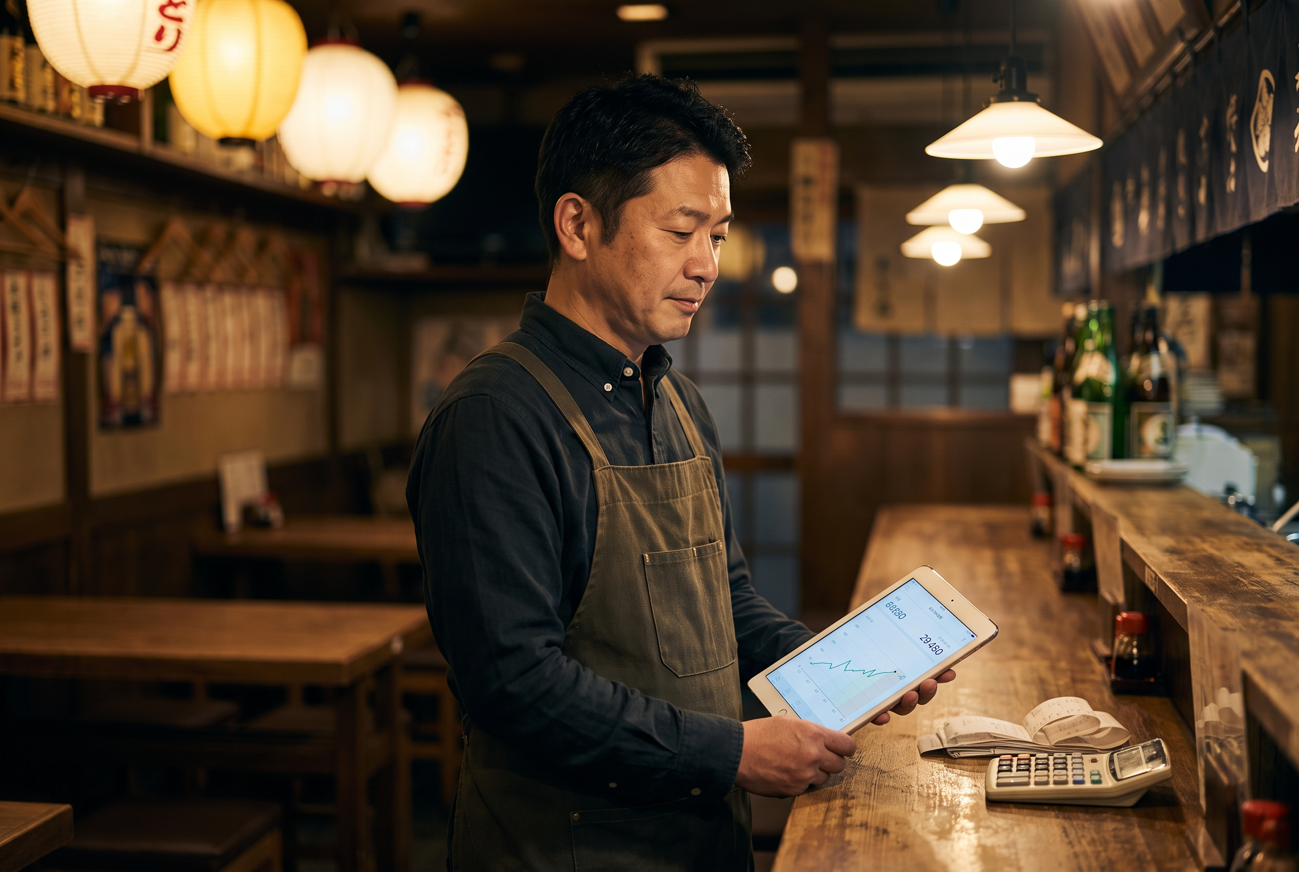 営業後にタブレットで売上を確認する飲食店オーナー